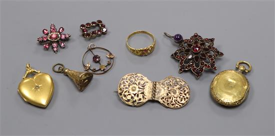 A Victorian Scottish 18ct gold, ruby and pearl ring (Glasgow 1883), garnet brooches, lockets etc.